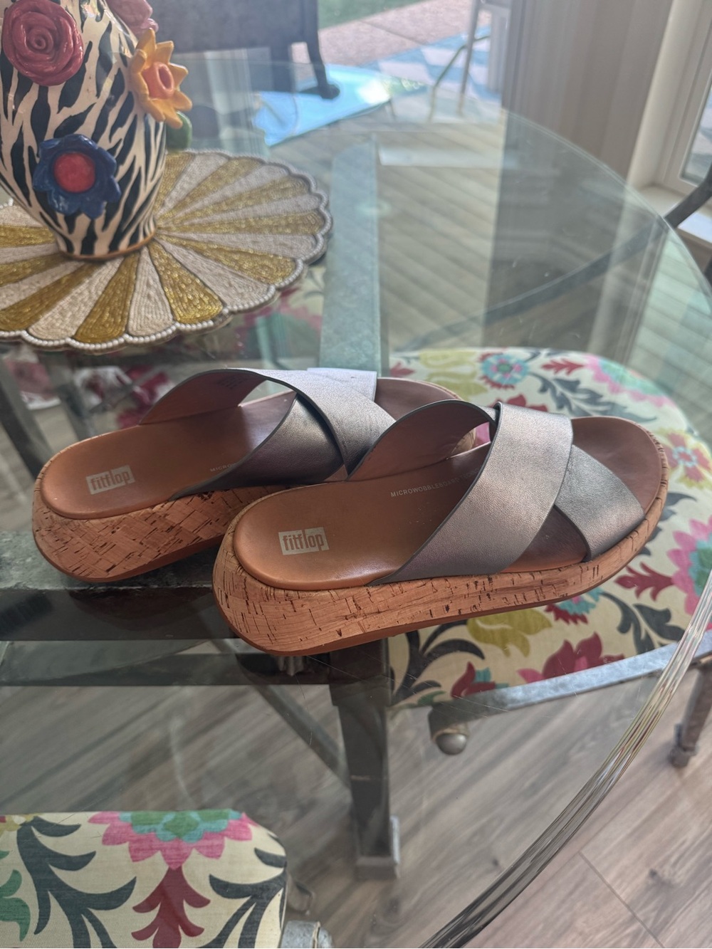 FitFlop Silver Metallic Cross-Strap Cork Slide Mules